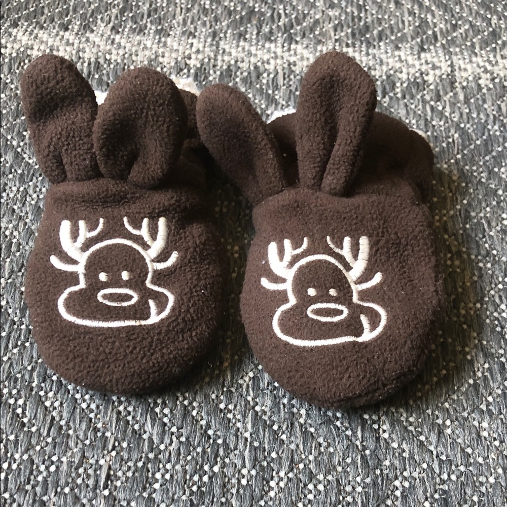 Brown Kids Bunny-Ear Mittens with White Reindeer Embroidery